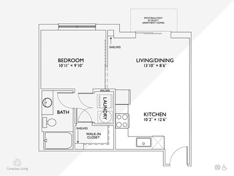 Floor plan for 1 bed, 1 bath, 543 sqft